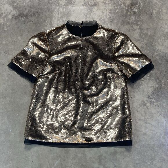 Rachel Zoe Tops - Rachel Zoe Blouse Women 6 Gold Sequin Flynn Mini Pailette Top Short Sleeve Disco